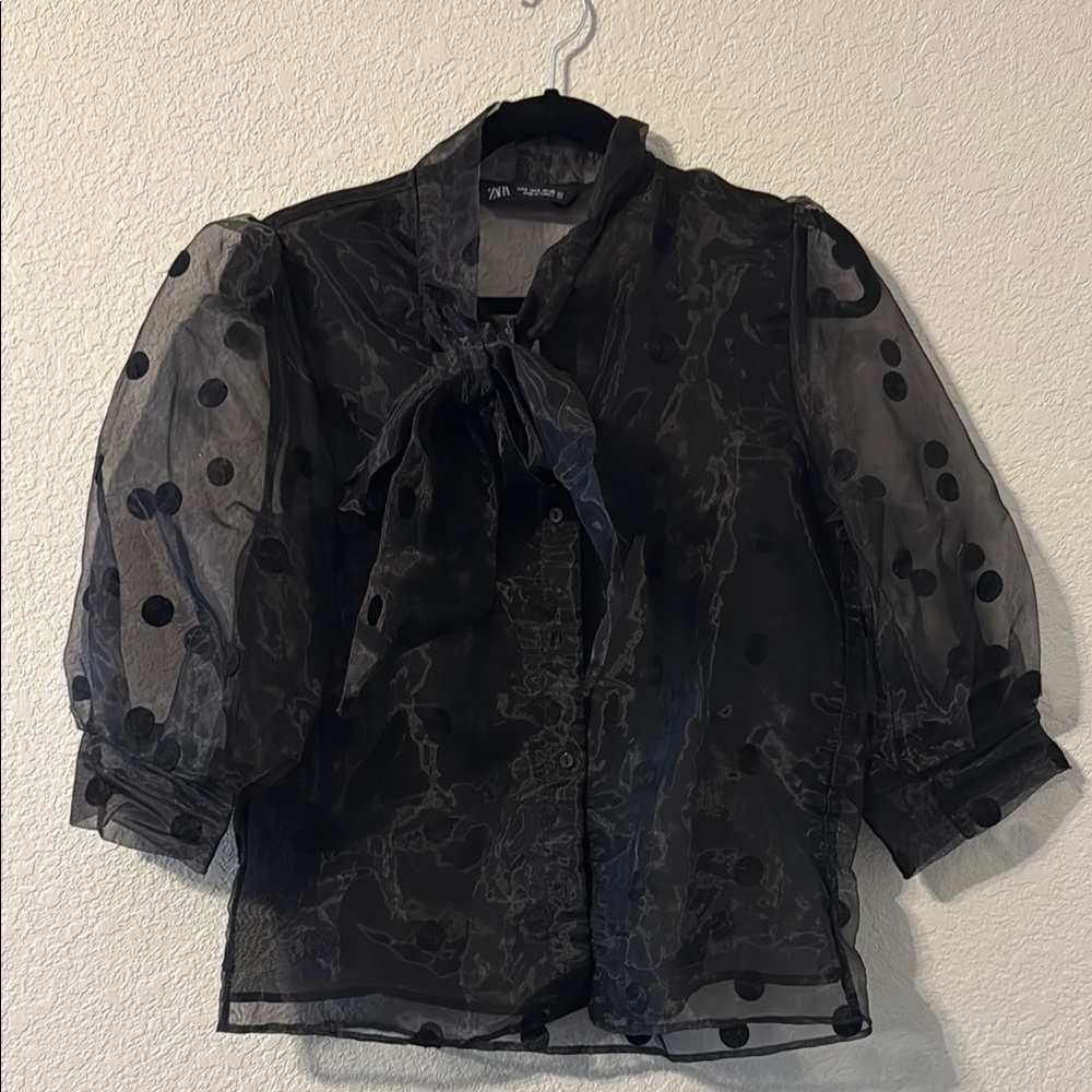 Zara Black Puff Sleeve Tie Front Blouse